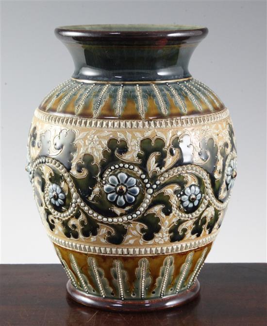 George Tinworth for Doulton Lambeth. A stoneware ovoid vase, height 22.5cm (8.75in.